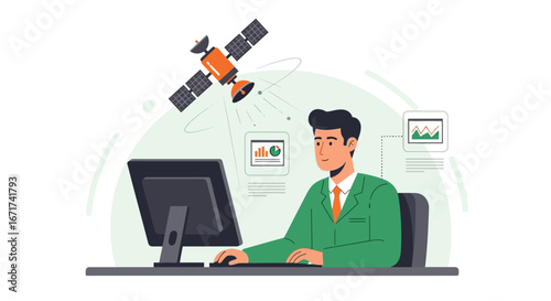 Man working on computer with satellite data visualization and satellite overhead