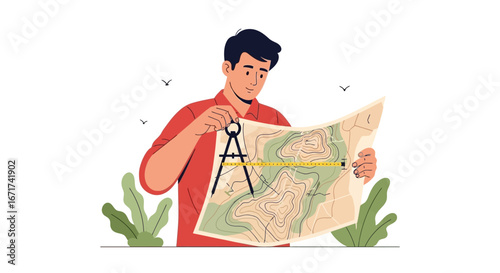 Man studying a topographic map with a compass, planning a journey or exploring new territories
