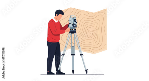 Surveyor utilizing a total station instrument for land measurement and mapping, with contour lines visible on a map