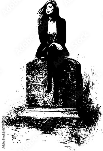 Grunge black and white goth girl illustration for urban and vintage design
