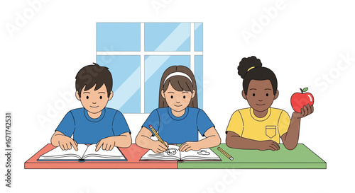 Children Studying with Apples in Classroom