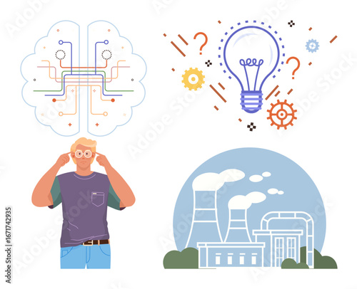 Thoughtful person with brain circuits, glowing lightbulb, factory emitting smoke. Ideal for innovation, creativity, energy, technology, industry environmental impact problem-solving. Simple flat