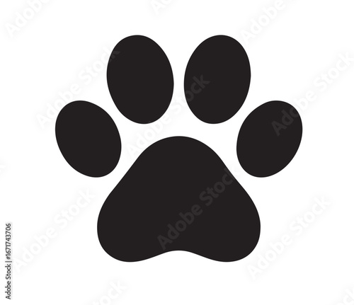 A simple black paw print with four toes and a pad in the center on a white background image design