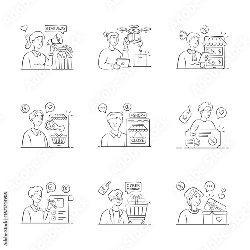 Creatively crafted online shopping and delivery hand drawn illustration set, ready for premium use