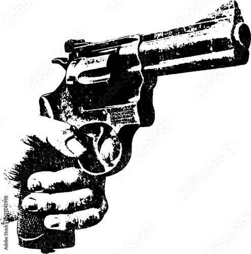 Grunge black and white illustration of a hand holding a revolver - urban art design for posters and prints