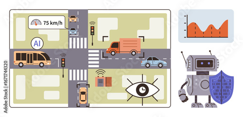AI-regulated vehicles in an urban grid, monitoring sensors, data charts, and robot security. Ideal for smart cities, automation, traffic control, AI safety IoT urban planning data systems. Simple