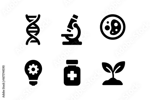 Simple science and biotechnology icons set in black and white