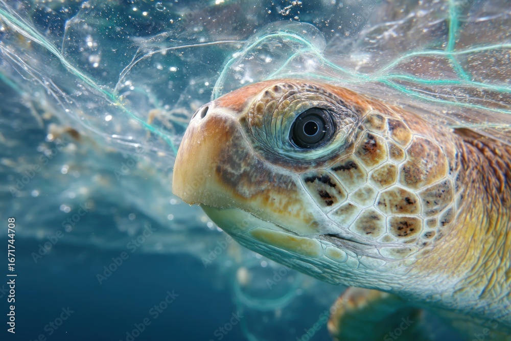 Fototapeta premium Sea turtle entangled in plastic netting