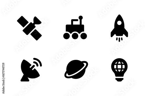Space icons set: satellite, rover, rocket, antenna, planet, balloon in silhouette style
