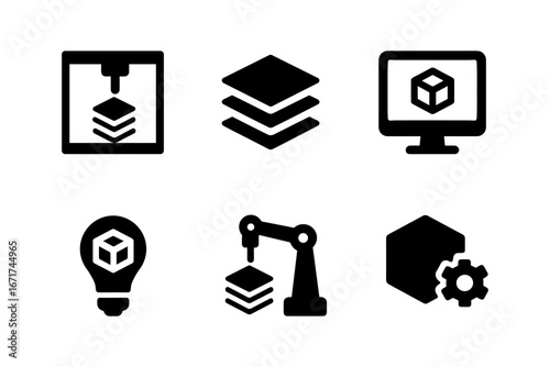 3d printing icons: minimalist black silhouettes of technology tools and objects