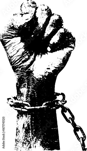 Grunge black and white illustration of raised fist with broken chains - symbol of freedom and resistance