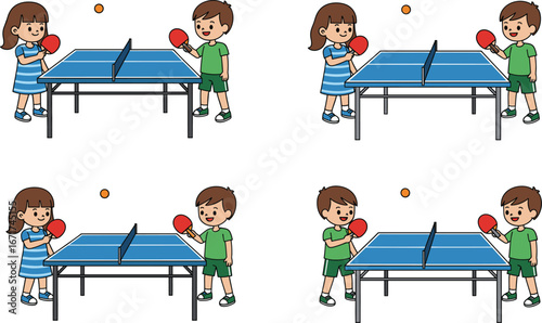 Children playing table tennis indoors, fun activity for kids, ping pong game, teamwork, sports for children, recreational indoor sport, healthy lifestyle