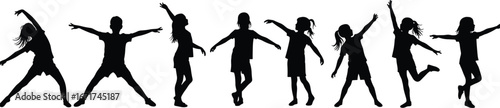 Children dancing silhouette, playful kids vector, active movement, happy childhood, fun activity, dancing pose, joyful youth, energetic children artwork
