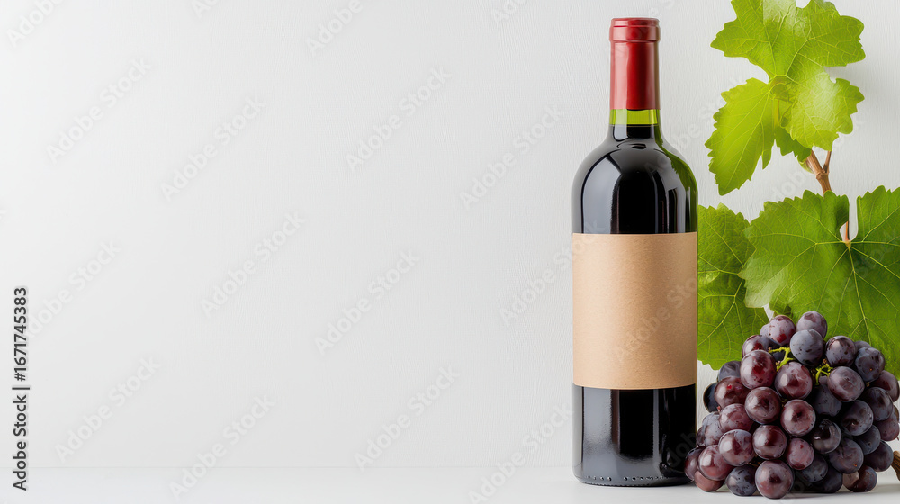 Obraz premium Bottle of red wine stands next to cluster of dark grapes and green leaves, creating fresh and inviting atmosphere