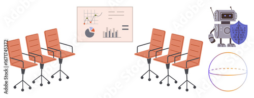 Conference chairs face a data chart, alongside a robot holding a shield representing AI protection. Ideal for teamwork, innovation, data analysis, presentation, AI, security technology. Simple flat
