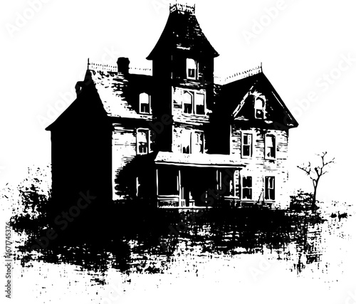 Spooky haunted house in grunge black and white ink style for halloween decor