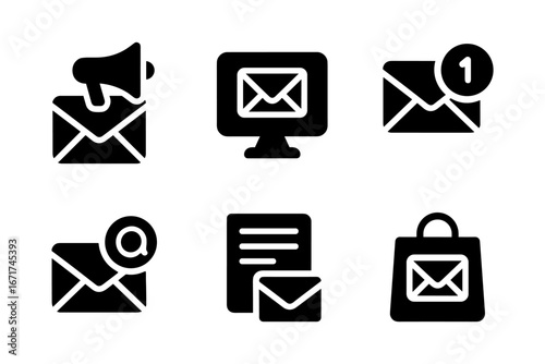 Set of email and messaging icons featuring silhouette style for digital communication