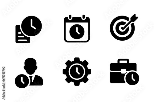 Time management icon set featuring clocks, calendar, target, and briefcase