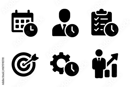 Time management icons set: business task deadline symbols in solid style