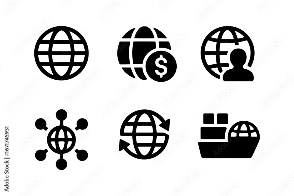 Global icons set for networking, finance, and logistics in solid style Global icons set for networking, finance, and logistics in solid style