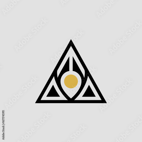 Modern and minimalist triangular graphic logo featuring a central golden pinpoint, symbolizing guidance, focus, or a refined journey. An elegant design for various branding needs