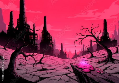 Crimson Dusk: A Dystopian Industrial Wasteland Scene.