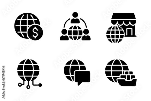 Global business icons: e-commerce, networking, communication, shipping, online transactions