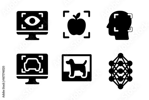 Artificial intelligence icons set with recognition and neural network themes in black silhouette style