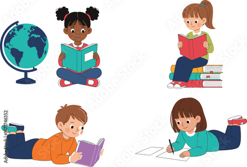 Children reading books, studying, learning, education, school kids, classroom, globe, knowledge, homework, drawing, writing, sitting, lying down, colorful illustration, diverse students