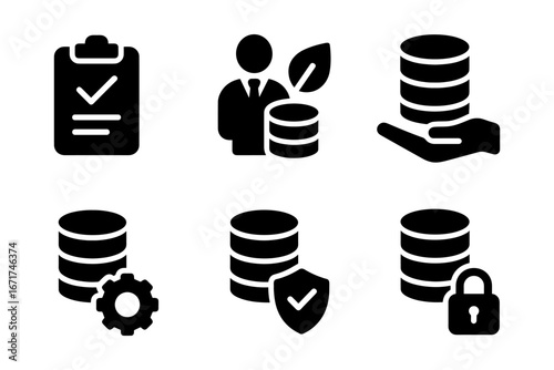 Data management icons: security, growth, and configuration in silhouette style