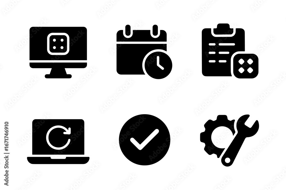 Obraz premium Minimalist silhouette icons of technology, calendar, clipboard, laptop, checkmark, and tools