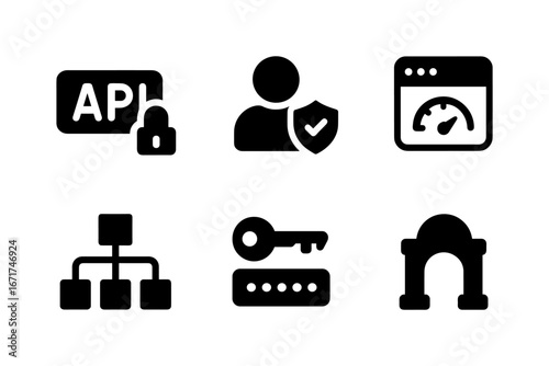 Security and technology icons: api, user, and network symbols for digital safety