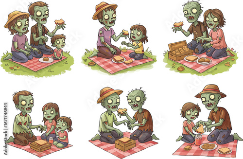 Zombie family picnic, cartoon undead characters, eating brains, funny horror picnic, creepy zombie lunch, outdoor feast, Halloween picnic, spooky family meal, comic undead gathering