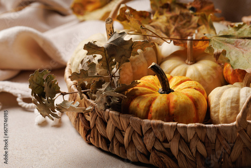 Wicker basket filled with white and orange pumpkins and dry oak leaves in cozy indoor setting