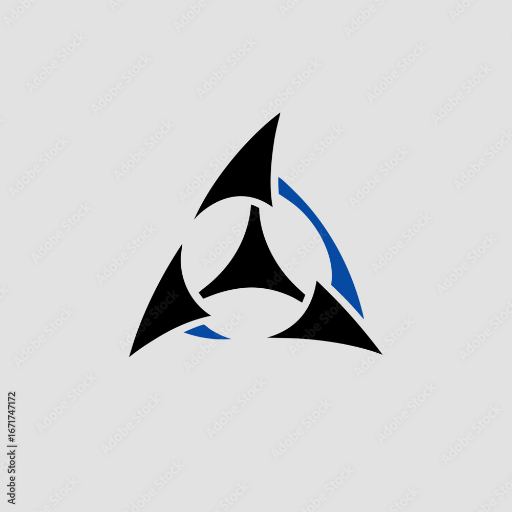 Fototapeta premium Modern abstract triangular logo with three rotating sharp blades, a dynamic symbol concept for technology, security, and power