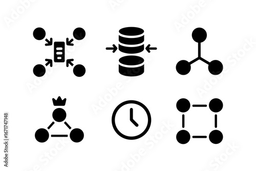 Minimalist icons set: network, database, and time management symbols