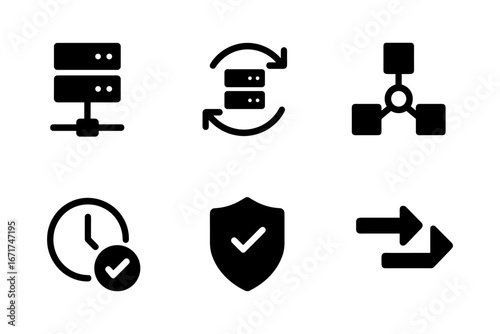 Tech icons set featuring network, security, and synchronization symbols in silhouette style
