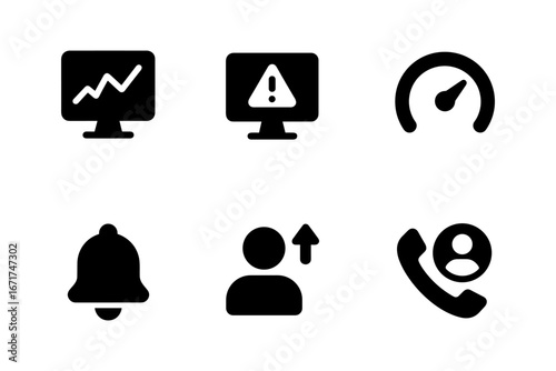 Essential business icons: analytics, alerts, performance indicators, notifications, user updates, communication