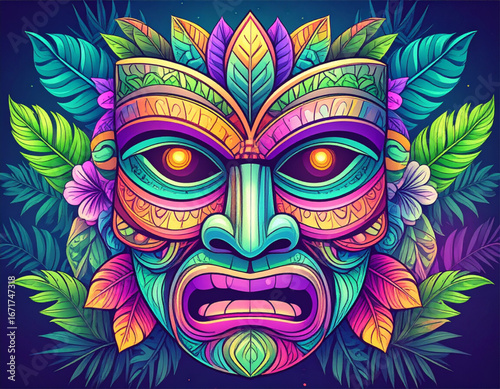 Vector illustration of traditional Hawaiian tiki mask redesigned in modern abstract 