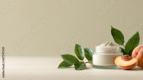 Minimalist poster design with glass jar of kaolin clay mask, peach slices, and green leaves on pastel beige background with text space