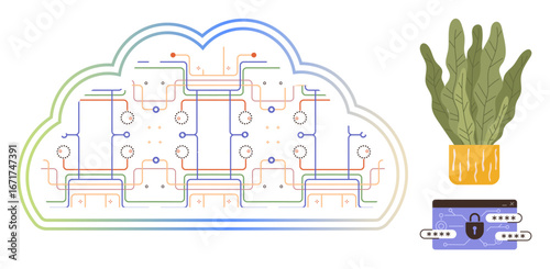 Cloud with electronic circuits, wallet with lock, and potted plant, representing technology, security, nature. Ideal for fintech, eco-tech, digital security IT innovation finance sustainability