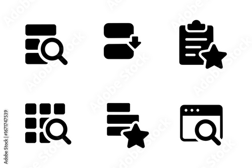 Set of minimalist black icons for search, navigation, and favorites