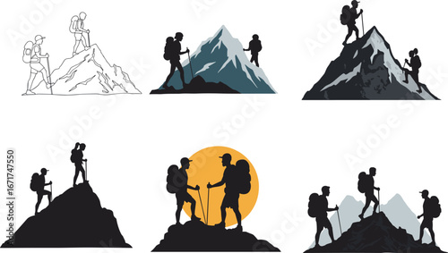 Hiking silhouettes, mountain climbing vector illustration, trekking adventure, outdoor exploration, backpacking, mountaineering, hikers on summit, nature travel