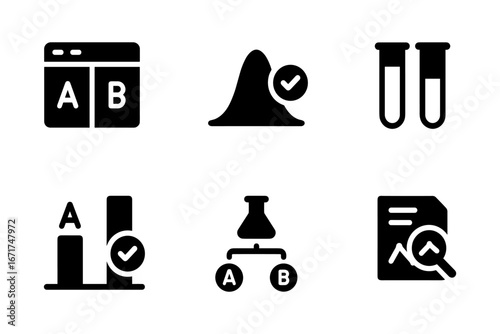 Set of icons: a b testing, research, data analysis, and experimentation concepts