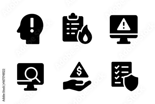 Alert and security icons set in solid style for risk management and safety