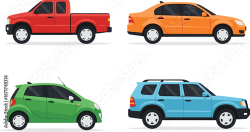 Collection of colorful car illustrations, red pickup truck, orange sedan, green compact car, blue SUV, modern vehicle vector set