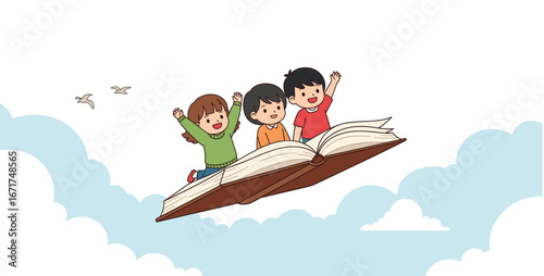 Children, flying, book, sky, imagination, adventure, reading, joy, fantasy, learning, clouds, birds, storytelling, magic, education, dream, fun, literature, wonder, childhood