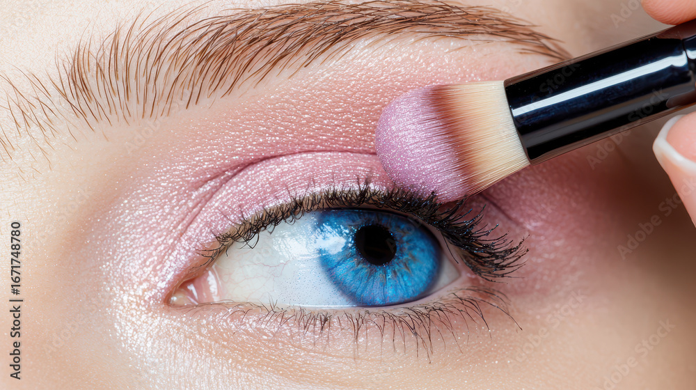 Naklejka premium Close up of beautiful eye with vibrant blue iris, applying pink eyeshadow using makeup brush, showcasing artistry and precision