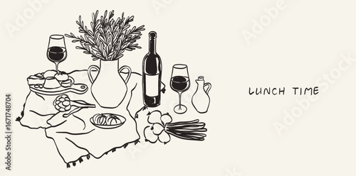 Hand drawn served table with italian food illustration. Sketch style Mediterranean lunch or dinner. Wine, charcuterie, pasta illustrations for party or wedding invitations, menus and kitchen prints.