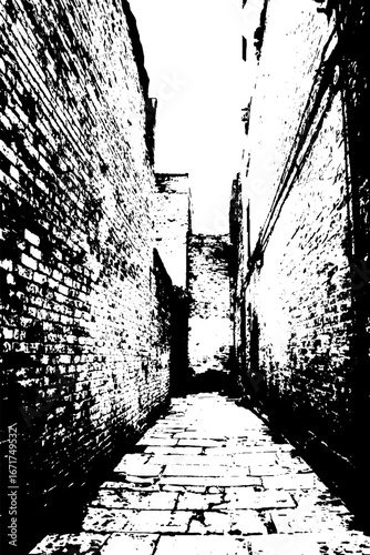 Urban grunge black and white illustration of narrow alley for vintage design